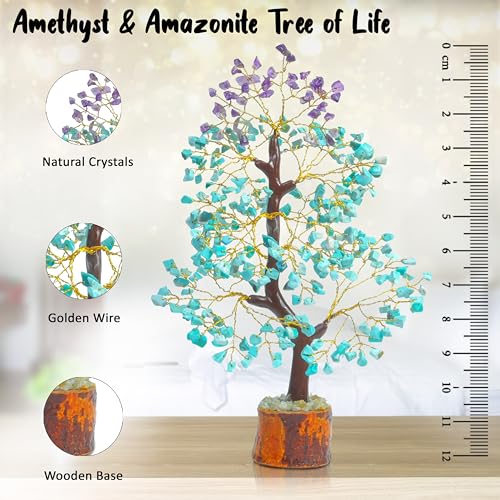 Crocon® Amethyst & Amazonite Tree of Life for Positive Energy feng Shui Tree, Fake Bonsai Tree, Crystals and Healing Stones, Money Tree, Room Decor Stone Tree, Healing Crystals, Spiritual Gifts - color: Amethyst & Amazonite Golden