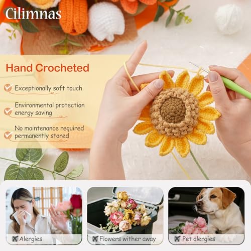 Crochet Flower Bouquet,Orange Knitted Flowers, Handmade Sunflowers Tulips Roses Bouquet for Valentine Day Birthday Anniversary Party Mother's Day Graduation Gifts(with Card) - color: Orange