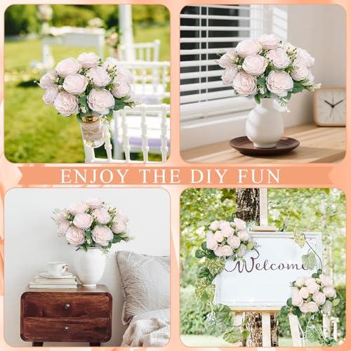 Peonies Artificial Flowers Bulk, 12 Bundles Fake Silk Peonies Faux Eucalyptus Bouquet Realistic Peony Floral Arrangement for Wedding Table Centerpiece Vase Decor (Light Pink) - color: Light Pink