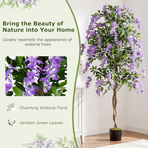 Goplus 6FT Ficus Artificial Tree, Faux Wisteria Tree in Nursery Pot with Purple Lifelike Flowers, Fake Potted Tree Greenery Floor Plant for Indoor Home Office Porch Living Room Decor - color: Purple, size: 6ft