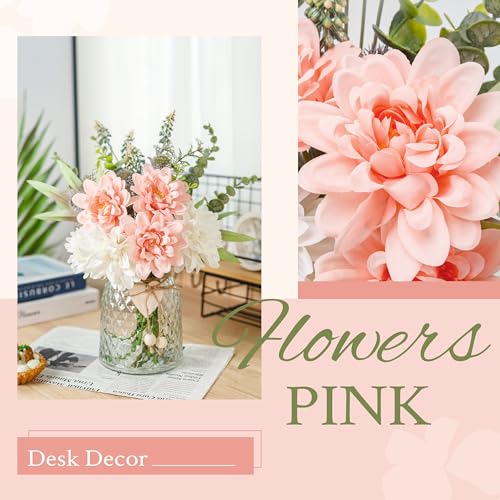 Der Rose Fake Flowers in Vase Silk Artificial Pink Flowers Arrangements with Glass Vase for Dinning Coffee Table Centerpieces Home Kitchen Farmhouse Wedding Decor - color: Pink