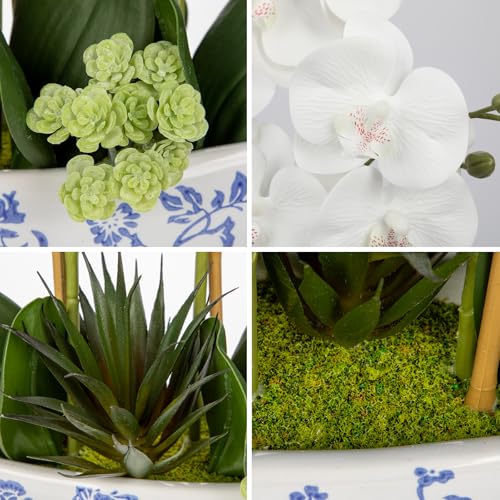 Briful White Orchid Fake Flowers 17in Artificial Orchid Silk Flowers in Blue and White Ceramic Pot Faux Orchid Arrangement for Home Office Bathroom Dining Table Modern Decoration - color: White-blue and White Porcelain Vase