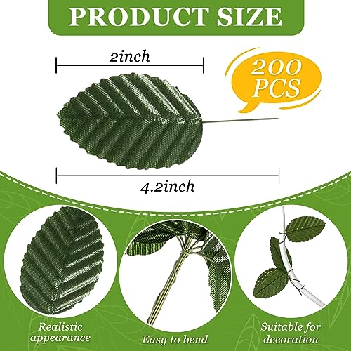 Artificial Leaves,200 Pieces Faux Wired Single Leaf Fake Rose Wire Crafts Leaves for Flower DIY Home Decorative Bouquet Wreaths Wedding Decor Christmas Decorations (Green)