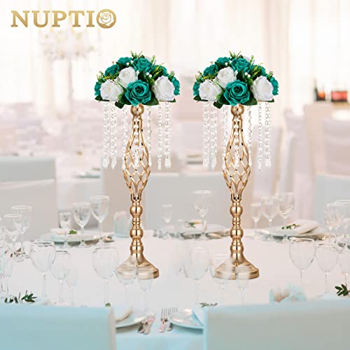 NUPTIO Flower Ball Centrepieces for Tables - Teal & White Artificial Flowers Rose for Centerpieces - Fake Rose Arrangements for Wedding Birthday Party St Patricks Day Decor 2 Pcs - color: Teal & White, size: 2 Pcs