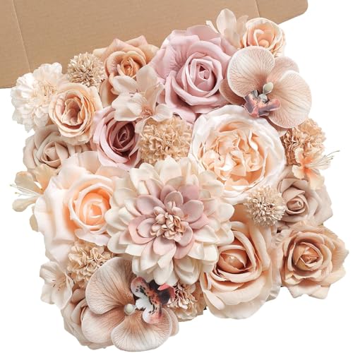 Artificial Flowers Set Champagne Coffee Silk Fake Flowers with Stems for DIY Wedding Bridal Bouquets Cake Arch Floral Arrangement Table Centerpieces Baby Shower Party Home Decorations - color: Champagne Coffee