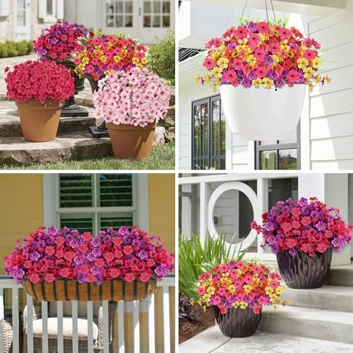 24 Bundles Artificial Flowers for Outdoors, Realistic Fake Silk Flowers for Outside Decoration, No Fade Faux Plants Outdoor Planter Window Box Porch Patio Decor(Purple+Rosy red) - color: Purple+rosy Red, size: 24PCS