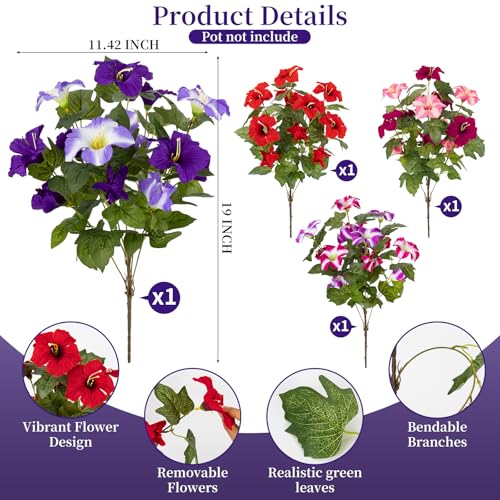 19 Inch Artificial Fake Flowers for Outdoor,4 Pcs Faux Silk Petunias Spring Flowers for Outside for Indoor Porch Planter Front Door Garden Patio Window Box Home Decor(Multiple Color) - color: Multiple Color