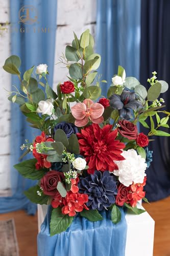 TINGE TIME Free-Standing Artificial Flower, Set of 2, Table Centerpiece with Rubber Pad, Silk Fake Flower for Wedding Centerpiece Archway Aisle Welcome Entrance (Red&NavyBlue) - color: Red&navyblue