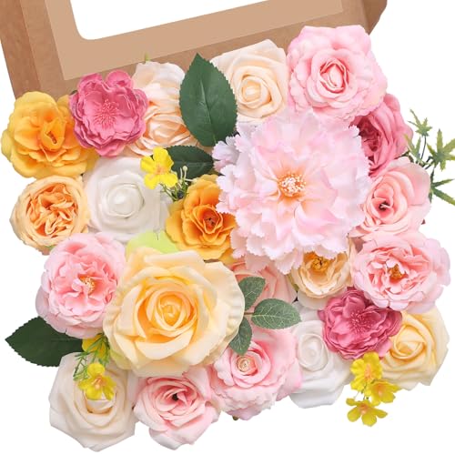 Serwalin Artificial Pink Yellow Flowers, Silk Fake Flowers for DIY Wedding Bridal Bouquets, Wedding Cake Flowers for Table Centerpieces Baby Shower Birthday Party Home Decorations - color: Angelic Pink & Yellow, size: Square