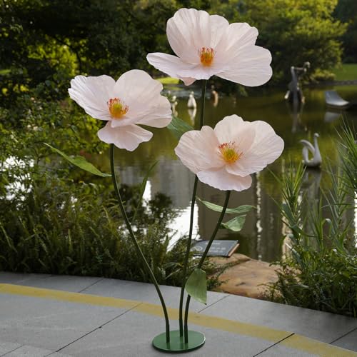 Large Paper Artificial Flowers,Giant Flowers for Decoration,Huge Handcrafted Poppy Fake Flowers with Stand for Home Decor Bridal Shower Party Outdoors Yard Event Backdrop Decor (Champagne) - color: Champagne
