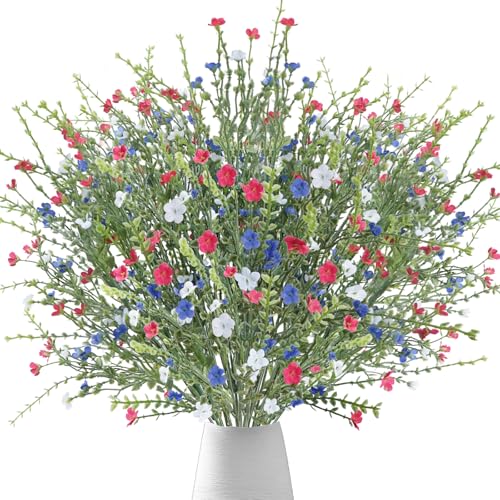 4th of July Artificial Red White Blue Flowers, Patriotic Flowers Independence Day Fake Wildflowers for Home Decor Indoor, Kitchen Table Centerpiece, Wedding, Party Decoration
