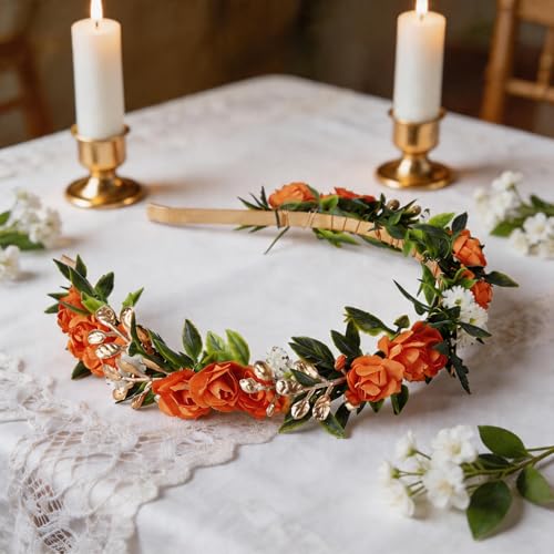 Orange Fairy Flower Headband, Artificial Boho Rose Floral Headpiece, Forest Woodland Elf Flower Crown for Women Maternity Wedding Renaissance Festival Party Hair Accessories - color: Orange