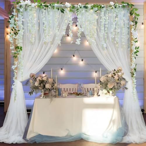 Gilprop 6 Pcs Wisteria Artificial Flowers Garland Lighted White Tulle Backdrop Curtain 10×8ft Sheer Wisteria Flower Curtains Backdrop Vine Silk Hanging for Birthday Engagement Wedding Anniversary