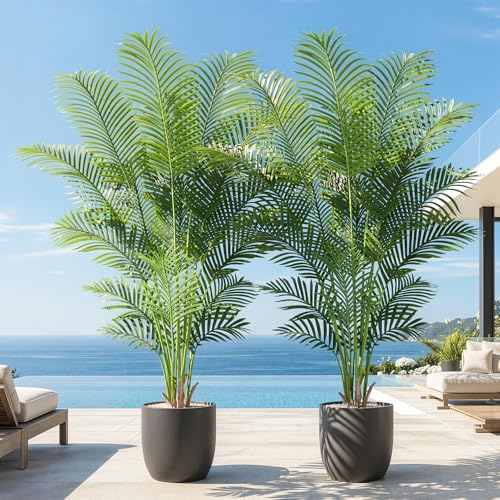 Artificial Palm Tree 6ft Tall Fake Palm Tree Indoor Decor with 18 Trunks and Real Bark Design Faux Tropical Areca Palm Silk Floor Plant in Pot for Home Office Living Room Bedroom Decor 2pcs - size: 6ft