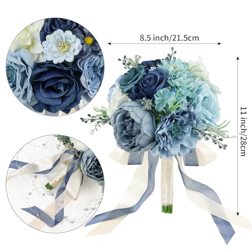Wedding Bouquets for Bride Bridesmaid 8.5 Inch Dusty Blue Artificial Roses Flowers Bridal Bouquets for Bride Wedding Marriage Proposal Party Church Decoration - color: Blue