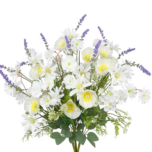 CISDUEO 3Pcs Artificial Wildflowers Flowers Silk Spring Floral Stems Arrangements White Poppies Flowers Daisies and Lavender Faux Wild Flower for Party Indoor Home Vase Wedding Table Summer Decoration - color: White, Purple, Green