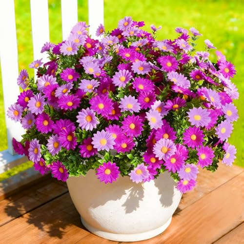 12Pcs Artificial Flowers for Outdoors UV Resistant，Daisy Fake Flowers Bouquet Weatheroof Faux Flowers for Outdoor Planter Real Touch Silk Flowers for Front Door Garden Proch Patio，Purple - color: Purple, size: 12Pcs