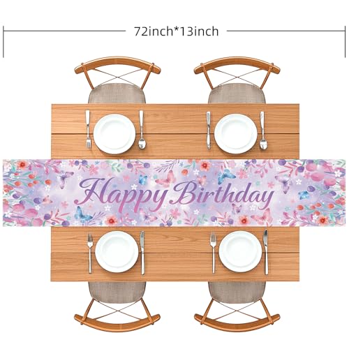 Happy Birthday Table Runner, Purple Lavender, 72x13 Inch | Butterfly Floral Design