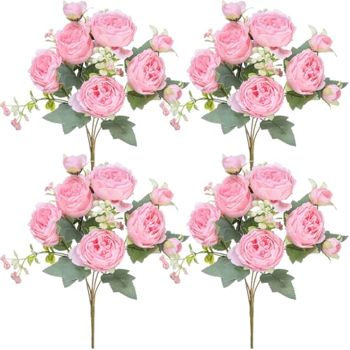 Crowye 4 Bundles Peonies Artificial Flowers Silk Faux Peonies Wedding Artificial Flower Bouquet for Table Centerpiece for Home Wedding Decor Bridal Floral Arrangement(Light Pink) - color: Light Pink