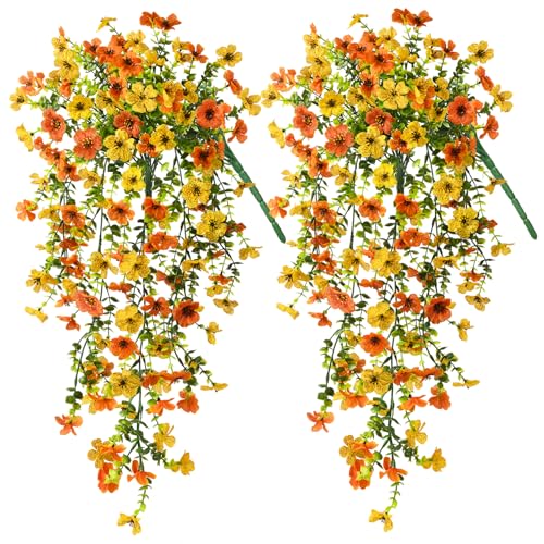 ZFProcess Artificial Hanging Flowers Plants for Outdoor Spring Summer Decoration,2PCS Faux Silk Daisy UV Resistant Look Real for Outside Home Indoor Planter Porch Garden Yard Decor(Yellow Orange) - color: Z Yellow Orange