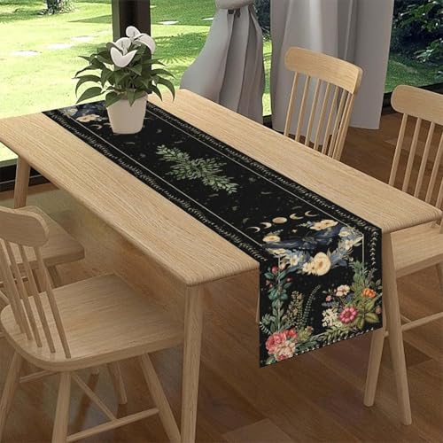 Gothic Moth Table Runner, Boho Vintage Floral Gothic Sun Moon Phase Mystical Witchy Farmhouse Coffee Table Center Decor for Home Kitchen Dining Patio Holiday Party Table Decorations 13x36 inches - color: Tr-moth08, size: 13x36" Table Runner