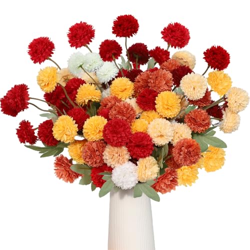 PARTY TONIGHT 12 Pcs Artificial Fall Flowers, Burnt Orange Faux Kiku Chrysanthemum, Assorted Silk Mums Balls, Autumn Fake Floral Stems for Vase Home Table Decor Arrangement（6 Mix Colors ）