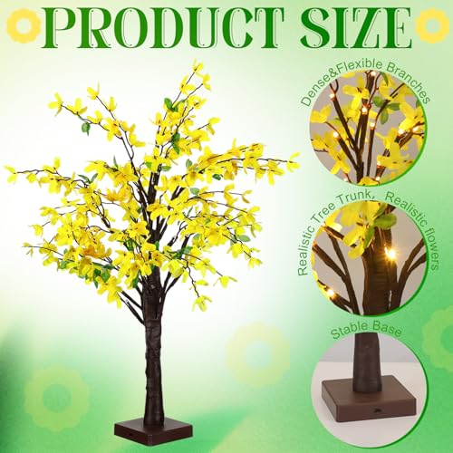 Baquler 2 Pcs Fake Forsythia Tree Lamp Artificial Yellow Flowers Tree Lamp Forsythia Stems Birch Tree with LED Lights Spring Artificial Stem Flowers for Easter Home Party Wedding Holiday Spring Decor