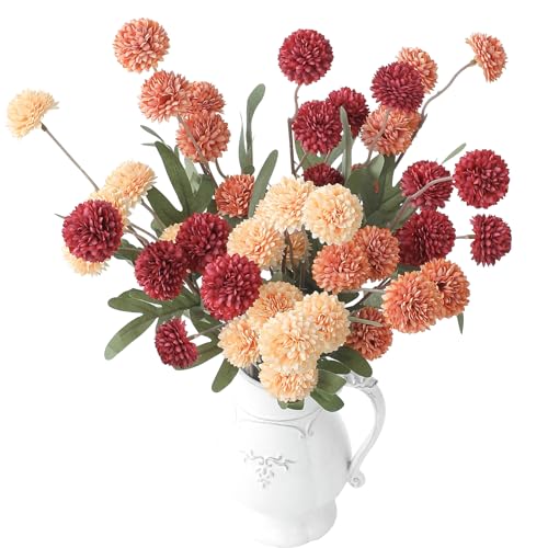 Floroom 9pcs Dark Red Burnt Orange Mix Faux Silk Mums Artificial Flowers, Bulk Fake Small Mini Chrysanthemums with Stems for DIY Wedding Centerpieces Floral Arrangements Vase Fillers Home Decorations - color: Warm Glow Red, size: 9pcs