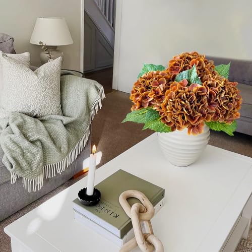 JINWOE Fall Hydrangea Artificial Flowers, 4Pcs 21” Latex Real Touch Flowers, Faux Silk Flowers Fake Artificial Hydrangeas with Stems for Bouquet Table Centerpieces Halloween （Raw Umber Brown） - color: Raw Umber Brown