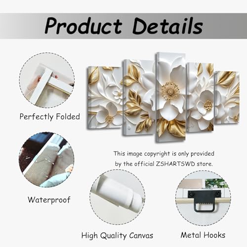 ZSHARTSWD 5 Panels White and Gold Flower Canvas Wall Art Abstract Floral Pictures Modern Blooming Flowers Prints Paintings for Living Room Hotel Decor Framed (10x16inx2 10x20inx2 10x24inx1) - size: 10x16inx2 10x20inx2 10x24inx1