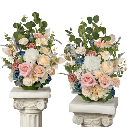 TINGE TIME Free Standing Artificial Rose Flowers Set of 2, Wedding Arch Altar Stage Decorations, Silk Fake Flower for Wedding Centerpiece Archway Aisle Welcome Entrance (DustyRose&NavyBlue) - color: Dustyrose&navyblue