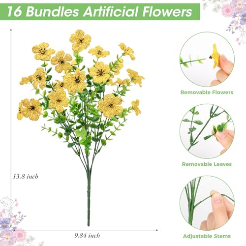 Bassion Artificial Flowers for Outdoors, 16 Bundles UV Resistant Fake Flowers Realistic Silk Faux Plants for Outdoor Planter Window Box Porch Patio Garden Home Outside Decorations - color: Yellow