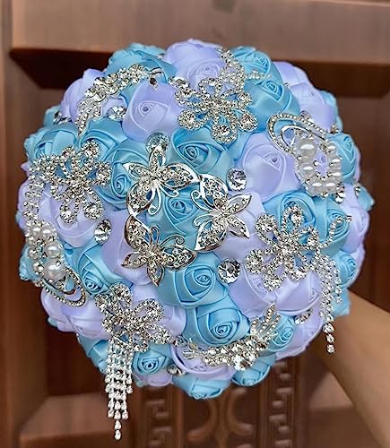 Sharebeauty 9.4" Handmade Satin Rose Bridal Bouquet Toss Round Wedding Bouquet Throw Toss Artificial Flower Bunch Light Blue + White - color: Light Blue/White, size: 9.4"/24cm