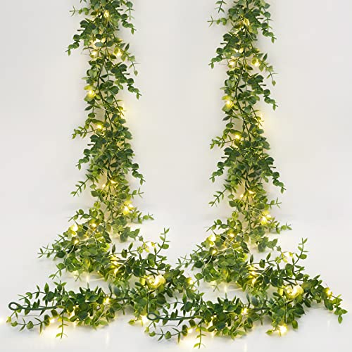 Dolicer 2 Packs Eucalyptus Garland with LED Lights String, 12Ft Faux Eucalyptus Greenery Garland, Artificial Hanging Green Eucalyptus Leaves Vine Wedding Backdrop Arch Wall Table Decor (Grey Green) - color: Grey Green With Light, size: 2 Packs