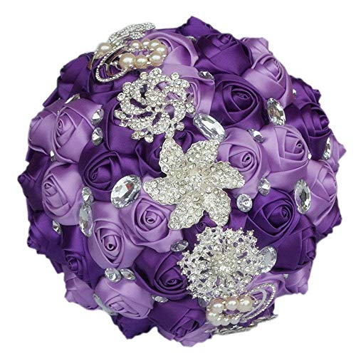 Wedding Bouquets Crystal Satin Rose Bride Bridal Bouquet Romantic Bridesmaid Holding Flower for Valentine's Day Confession Party Church Decor (Purple Lavender) - color: Purple Lavender