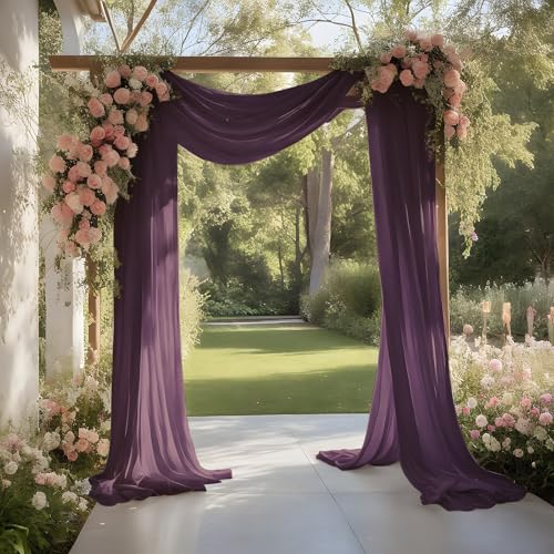 Royal Purple Wedding Arch Draping Fabric Shimmery Sheer Drapes 3 Panels Backdrop Curtains for Wedding Anniversary Summer Outdoor Events 4th July Drapery, 31" x 20 ft - color: Royal Purple, size: 240" L x 31" W (3 Panels)