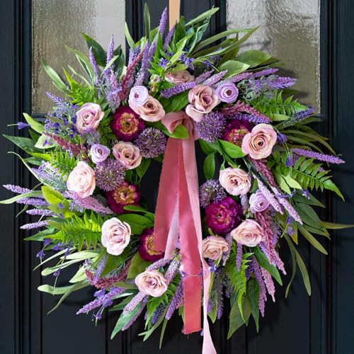 Spring Wreaths for Front Door 24 Inch Luxury Lavender Summer Wreath with Pink Ribbon,Artificial Peony & Rose Spring Door Wreath for Farmhouse Home Wall Porch Window Seasonal Display - color: Lavender