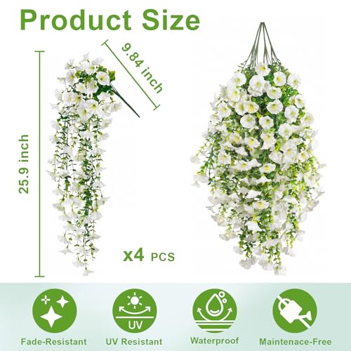 Artificial Hanging Flowers for Outdoors, 4Pcs UV Resistant Faux Morning Glory Flowers Spring Summer Decroation, No Fade Fake Flower Trailing Vines for Porch Patio Balcony Yard Garden (White) - color: White