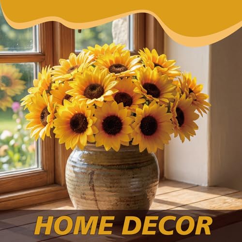 6 Pack Artificial Sunflower with Stem and Big Head Fake Silk Flowers Bulk + Greeting Cards, Faux Sunflower Bouquet for Birthday Gift, Mother's Day Decor - color: 6pack-short