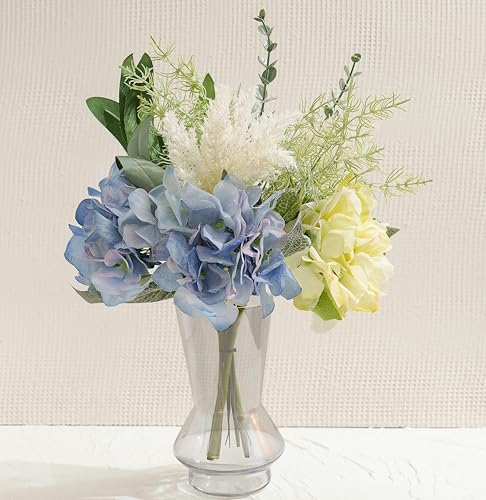 LUEUR Artificial Blue Hydrangea Flowers in Vase Centerpiece – Coastal Style Faux Floral Arrangement for Coffee Table, Dining Room, Living Room, Bathroom & Beach House Home Decor - color: Green & Yellow