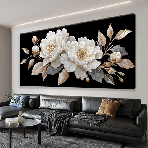 Modern Wall Art Decor Elegant White Flower Picture Artwork Home Wall Decor Canvas Wall Art For Living Room Bedroom Office Kitchen Ready To Hang 24x48 Inch Canvas Prints - color: White Black Gold, size: 48"L x 24"W