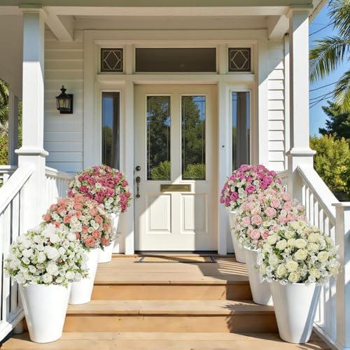 24" Artificial Potted Flowers for Outdoors Set of 2 - UV Resistant Faux Red Silk Peonies with Eucalyptus Plants in Cement Pots for Outside Front Porch Home Indoor Decor - color: Rose Red, size: 24" Classic Peony