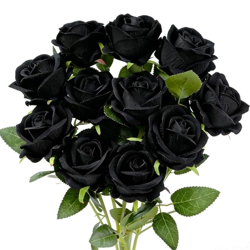 Jasion 12PCS Artificial Roses Realistic Velvet Silk Flowers Long Stem Faux Flowers Bouquet for Wedding Home Party Table Centerpieces Decorations (Black) - color: 12pcs Black