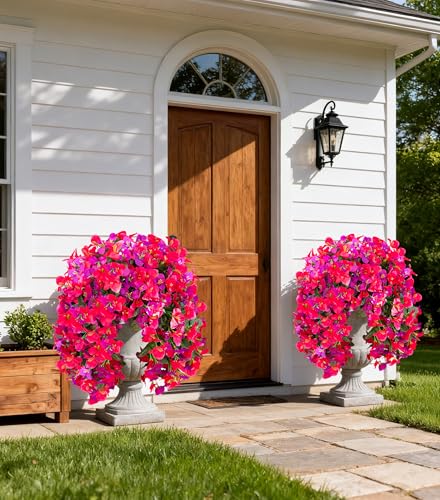 HyeFlora Bougainvillea Artificial Hanging Flowers Plants for Outdoors Decoration, 2pcs Fake Flowers Silk Bougainvillea Vines Realistic UV Resistant Faux Flowers for Outdoor Planters Porch Patio, Mix - color: Purple + Hot Pink