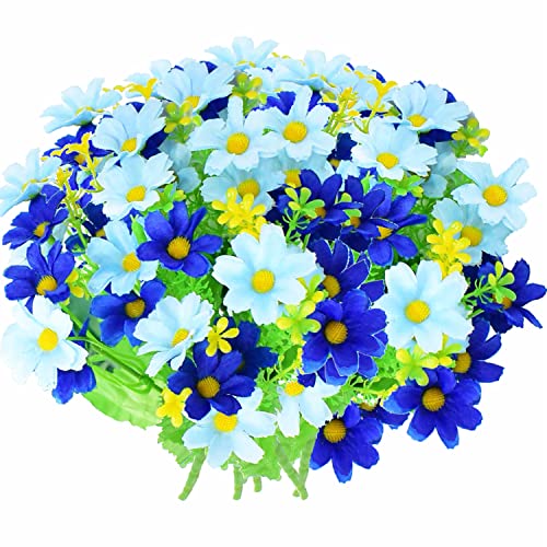 Artificial Daisy Flowers 6 Bundles, UV Resistant Fake Silk Flowers, No Fade Greenery Shrubs Plants for Garden Farmhouse Porch Wedding Indoor Outdoor Home Decor (Sky Blue) - color: Sky Blue