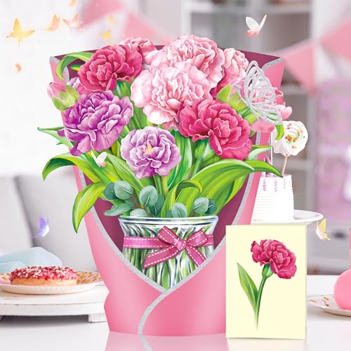 Airpark Pop Up Flower Cards, 3D Paper Flowers Bouquet Birthday Card 10’‘ with Blank Note and Envelope, Mother's Day, Get Well Greeting, Anniversary, Thank You Gifts Cards for Women Mom Girls Friends, Pink Carnations - style: Pink Carnations