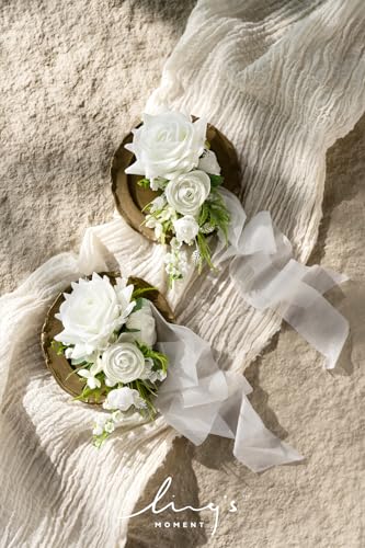 Ling's moment 2pcs Prom Wrist/Shoulder Corsage Artificial Flower, Girl/Mother Homecoming/Wedding Corsage Wristlet Décor, etc. White Lily Valley - color: Wht-white & Lily Valley