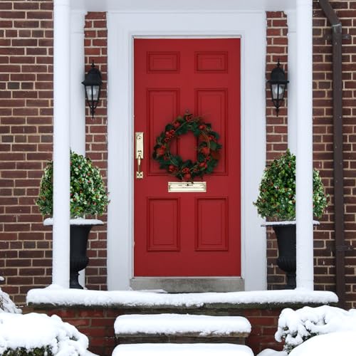 Set of 2 Artificial Holly & Red Berry Topiary Balls, 25" UV-Resistant Faux Evergreen Shrubs with Ground Spikes — Festive Outdoor and Indoor Holiday Décor Plants for Porch, Patio, and Garden - color: 2pcs 25in Christmas Holly With Red Berry