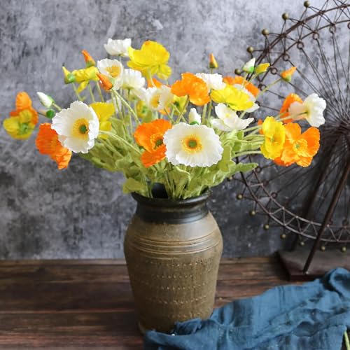 6pcs Artificial Poppy Silk Flowers With Stems - Faux Spring Blooms for Home Kitchen Table Centerpieces, Floral Arrangements, Wedding Bouquets and Mixed Decorations - color: Yellow-white