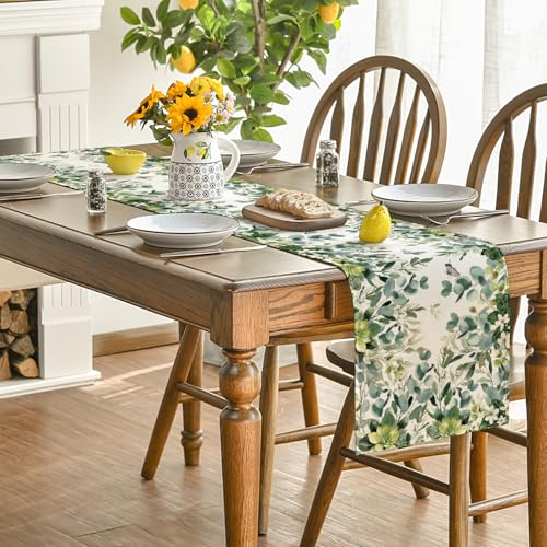 Artoid Mode Green Flowers Floral Eucalyptus Summer Table Runner, Seasonal Spring Kitchen Dining Table Decoration for Home Party Decor 13x72 Inch - color: Beige, size: 13" x 72", Table Runner